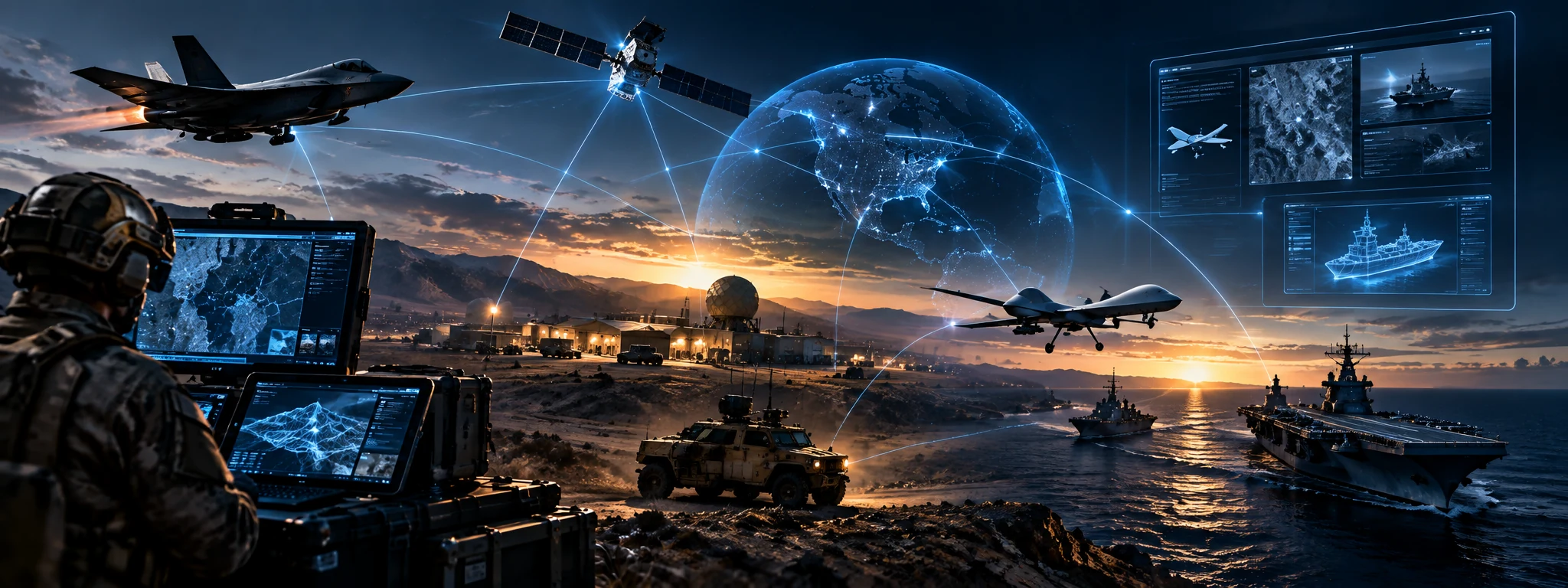 Integrated government and defense network connecting operators, aircraft, satellites, autonomous platforms, vehicles, naval systems, and mission command infrastructure